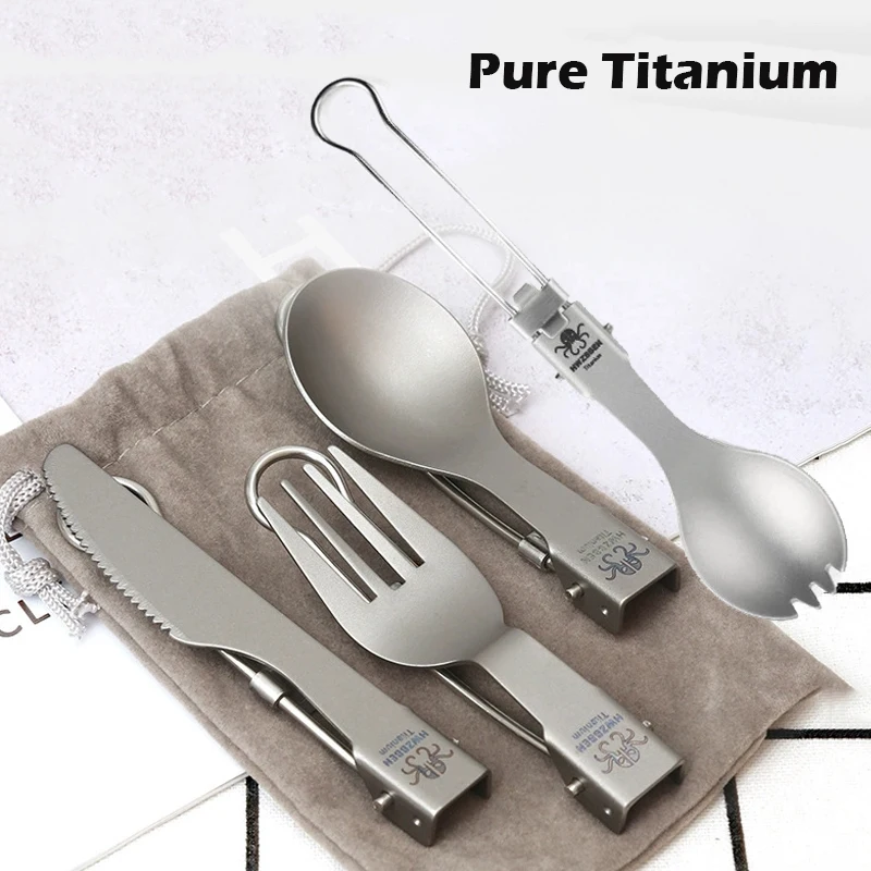 Pure Titanium พับส้อมแบบพกพาช้อนส้อมมีดชุดเดินทางพับได้กลางแจ้งชุดเดินป่า Picnic Camping อุปกรณ์