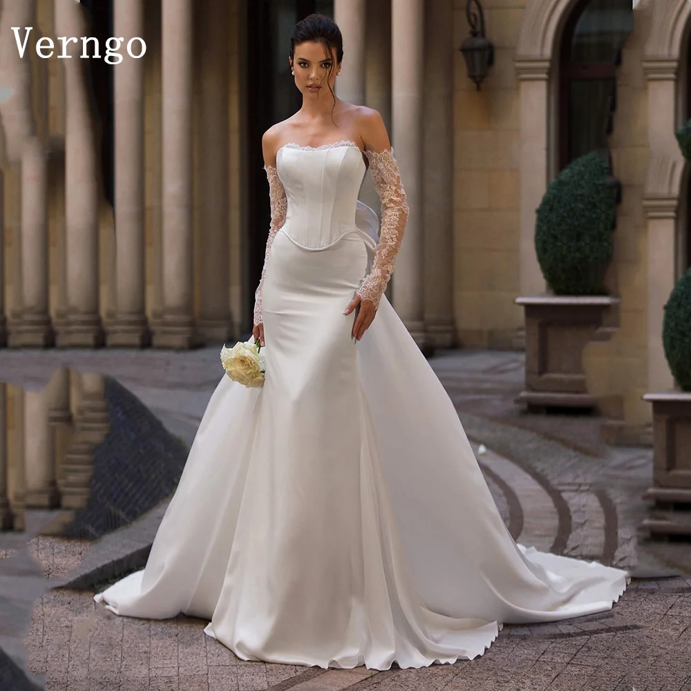 

Verngo lvory Satin Wedding Dresses Elegant Mermaid Sweap Train Bride Gowns Moderm Bridal Dresses Cutomized