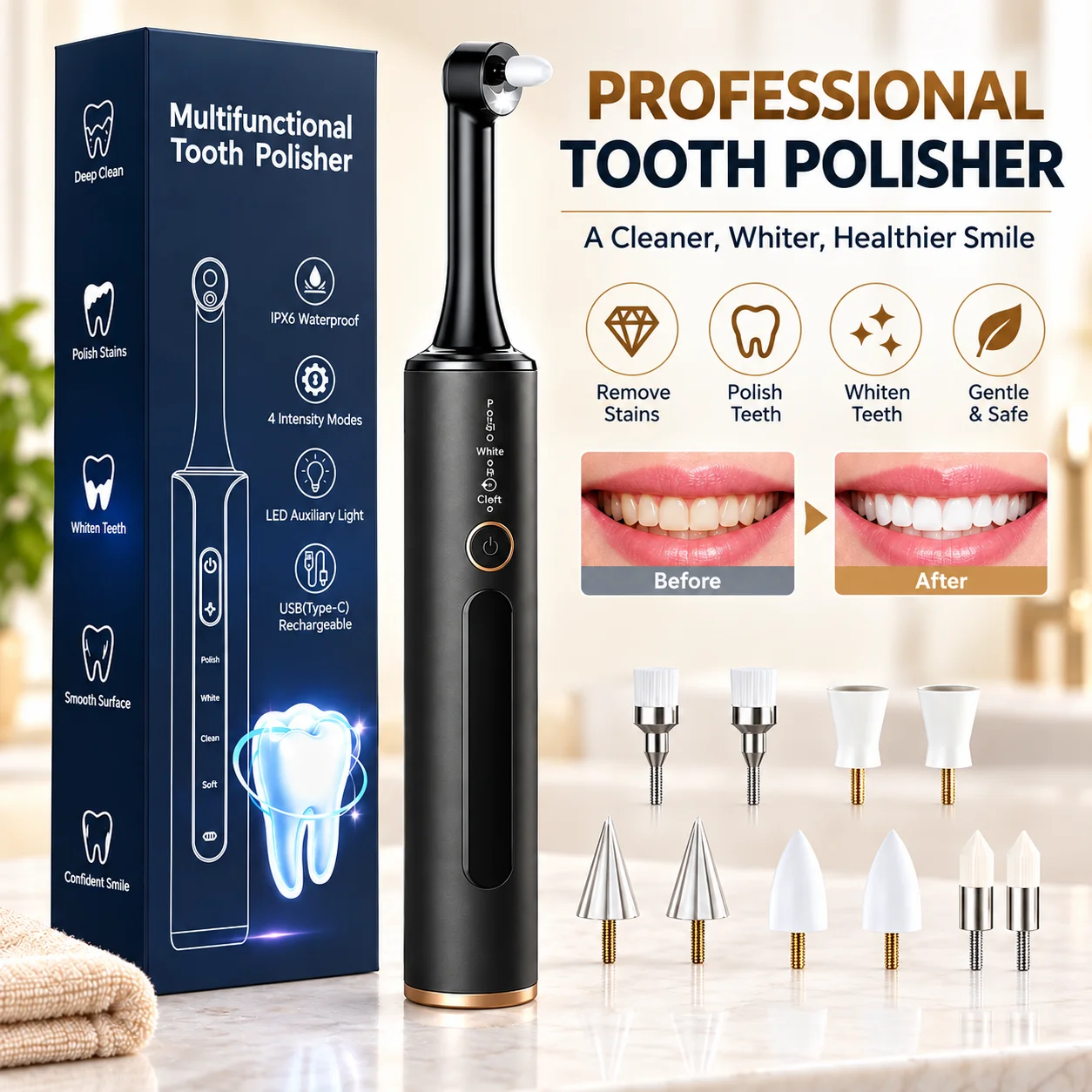 Electric Tooth Polisher Kit  4 Modes for Plaque Stains Includes 10 Replacement Heads LED Light Tartar Remover Tool Set home