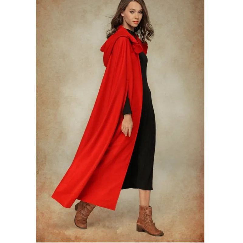 

Christmas Cloak Red Womens Long Cape Cloak Hooded Wool Blend Coat Sleeveless Winter Thick Warm Poncho Cardigan 5 Colors Fashion