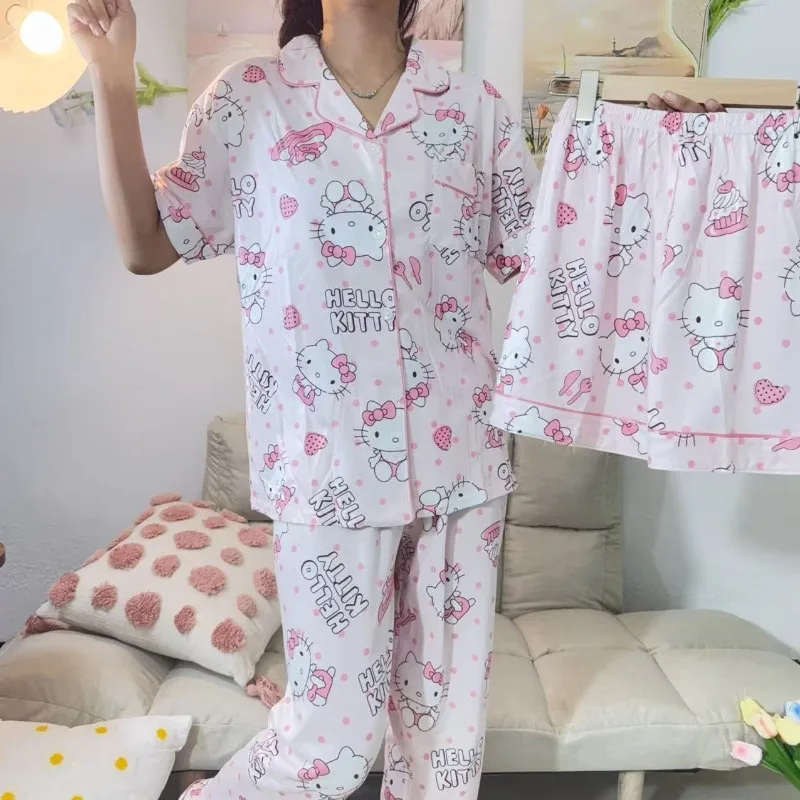 Summer pink HelloKitty short-sleeved three-piece pajamas women's thin cute breathable can be worn outside girl sweet loungewear