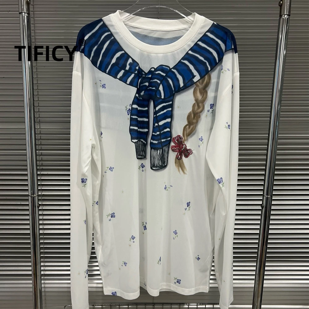 

High Street Tees Tshirt Tops Women's Summer Sweet Fun Hand Drawn Tie Small Floral Blouse Lazy Style Look Thin Casual T-shirt