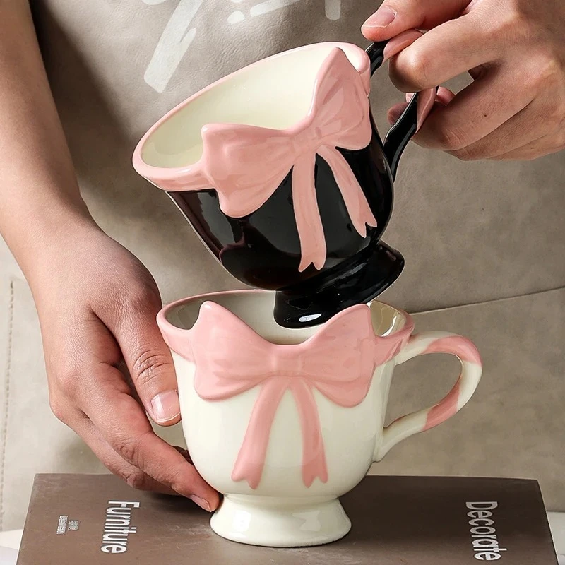 

Pink Bowknot Decorative Mug Lovely Ceramic Cups Dining Table Coffee Mugs Afternoon Tea Teacup Water Cup Fruits Juice Container
