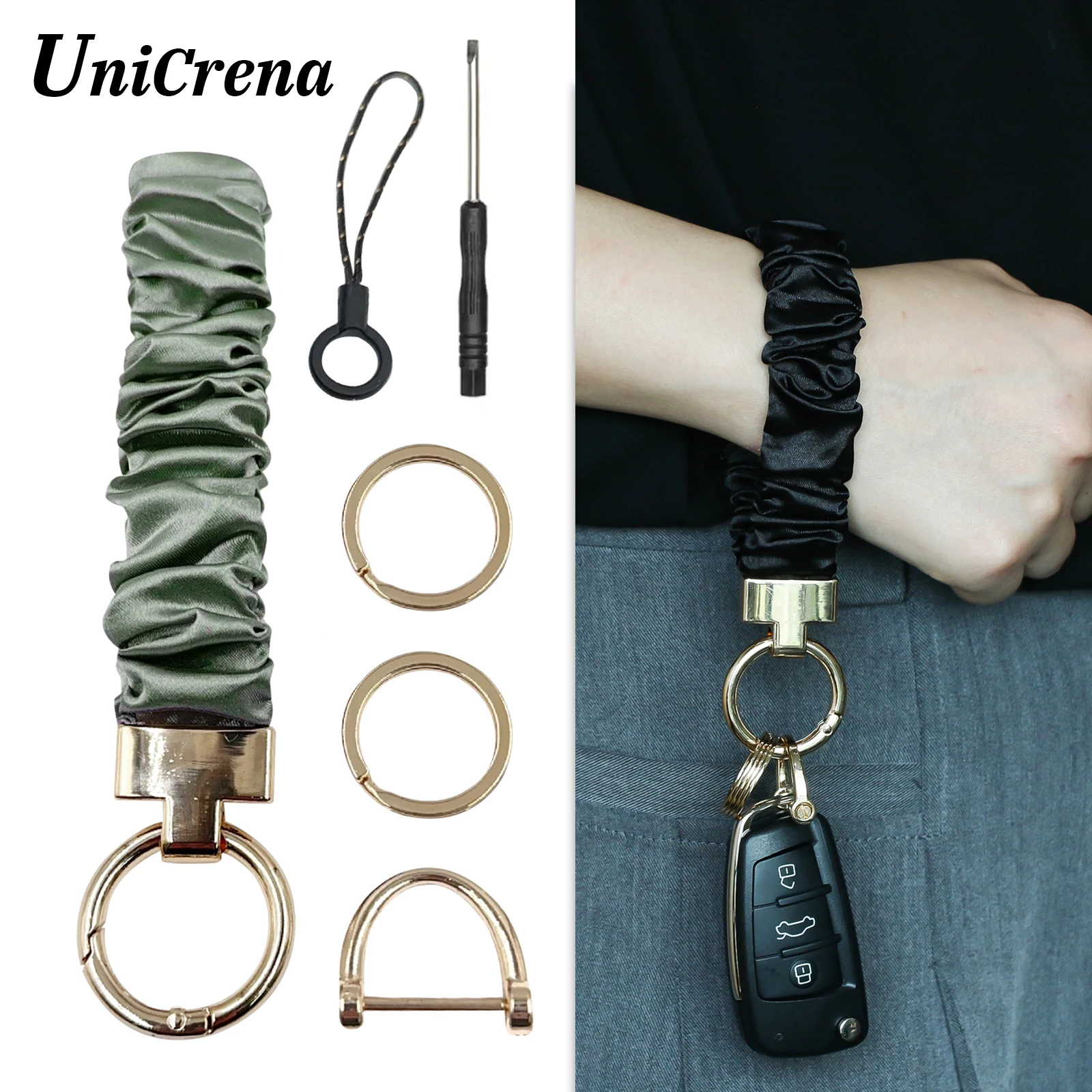 Unicrena Pulsera Llave para Mujeres/Hombres - Tobillera Elástica con Anillo D Multiusos, Portallaves Coche & Goma pelo Zinc