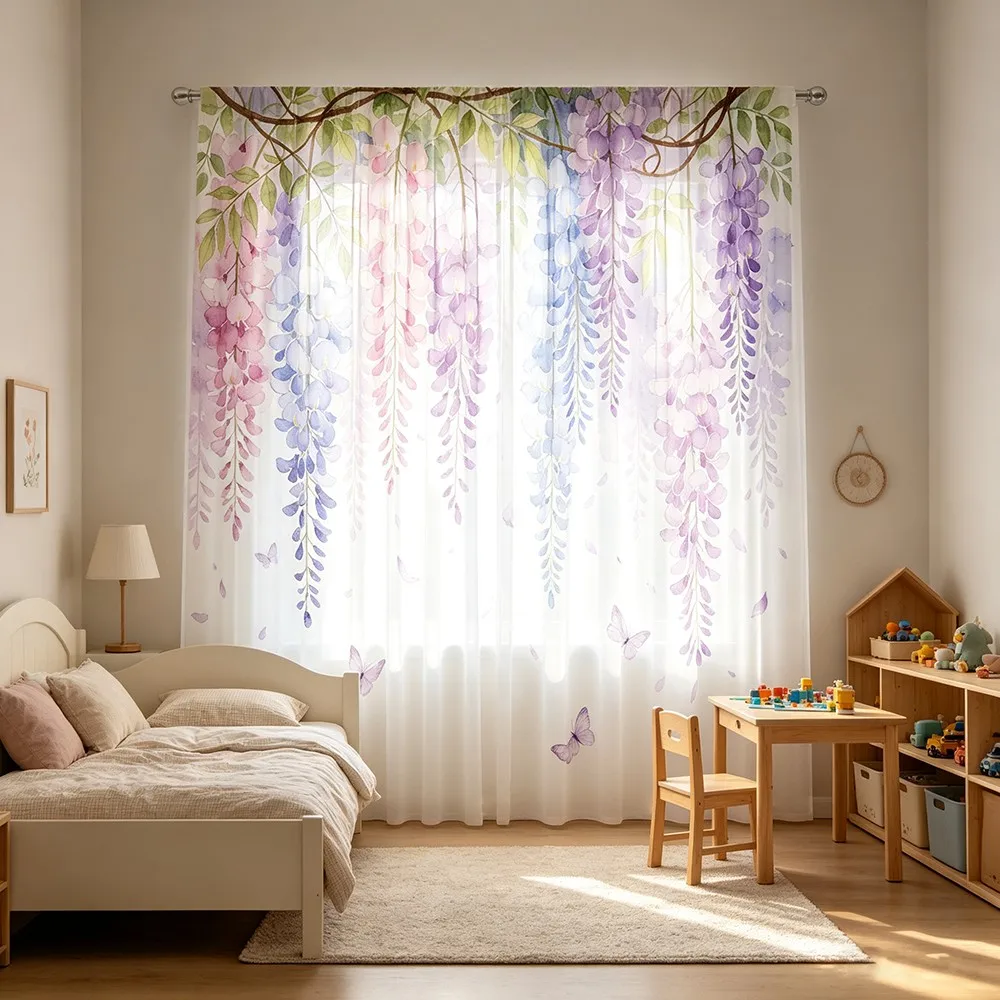 1PC Sheer Curtain Wisteria Purple Pink Hanging Flower Print, Rod Pocket Window Curtain for Living Room Romantic Decor