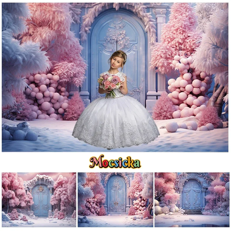 Christmas Photography Background Winter Wonderland Ice World Kids Portrait Backdrop Xmas Tree Palace Door Decor Photo Props