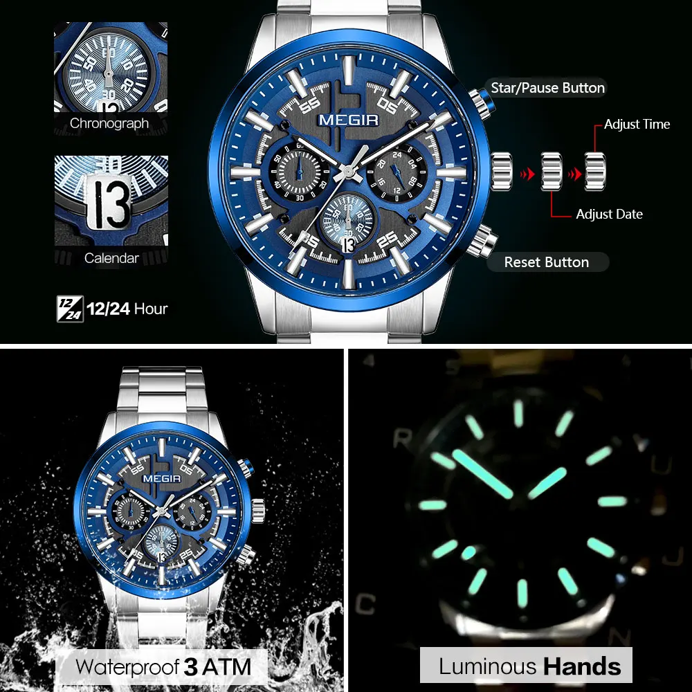 MEGIR Silver Blue Stainless Steel Quartz Watch for Men Fashion Chronograph  Analog Dress Wristwatch with Date Luminous Hands