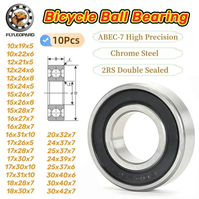Rodamientos de Bicicleta 6900RS, 10 Piezas, 10x22x6 mm, ABEC-7, Acero Cromado, Doble Sellado, 6900-2RS, Repuesto para Reparación de Buje de Rueda de Bicicleta