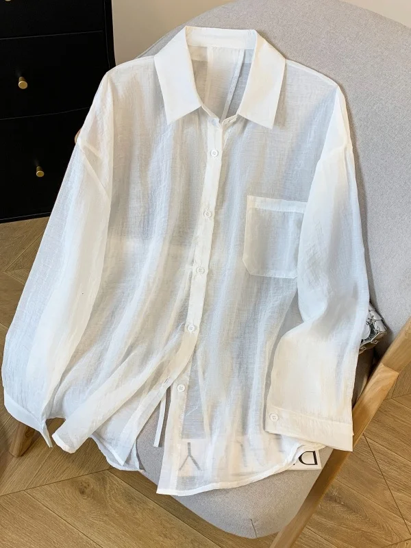 日焼け止めアイスシルク女性のシャツ夏軽量長袖ポロ襟カジュアルアウター半透明ファッション通勤