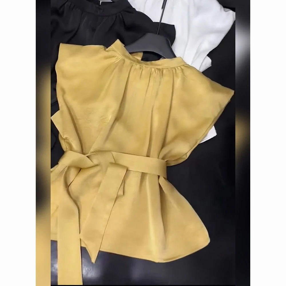 

Ele шифоновый женский летний модный дизайн топ с поясом, свободный крой с воротником-стойкой, повседневный офисный топ