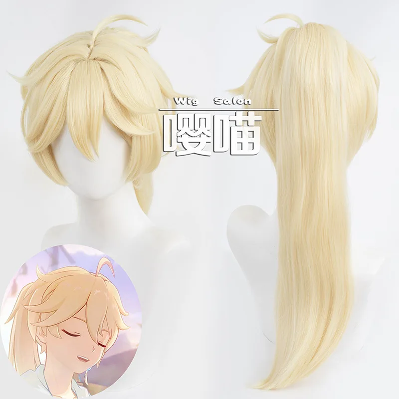 لعبة Genshin تأثير شعر مستعار Teyvat الأثير بيروكات صناعية ذهبي ذيل حصان تأثيري ازياء هالوين حفلة لومين الأثير تأثيري الباروكات