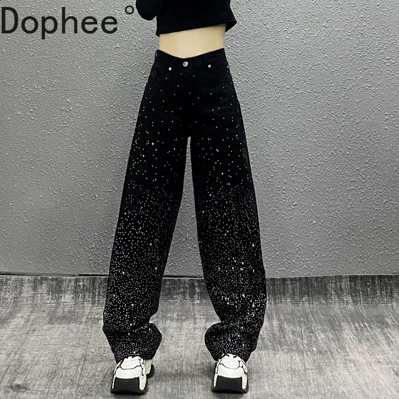 

Blingbling Full Diamonds Black Casual Denim Trousers New Spring Autumn High Waist All-match Straight Pants High Street Jeans