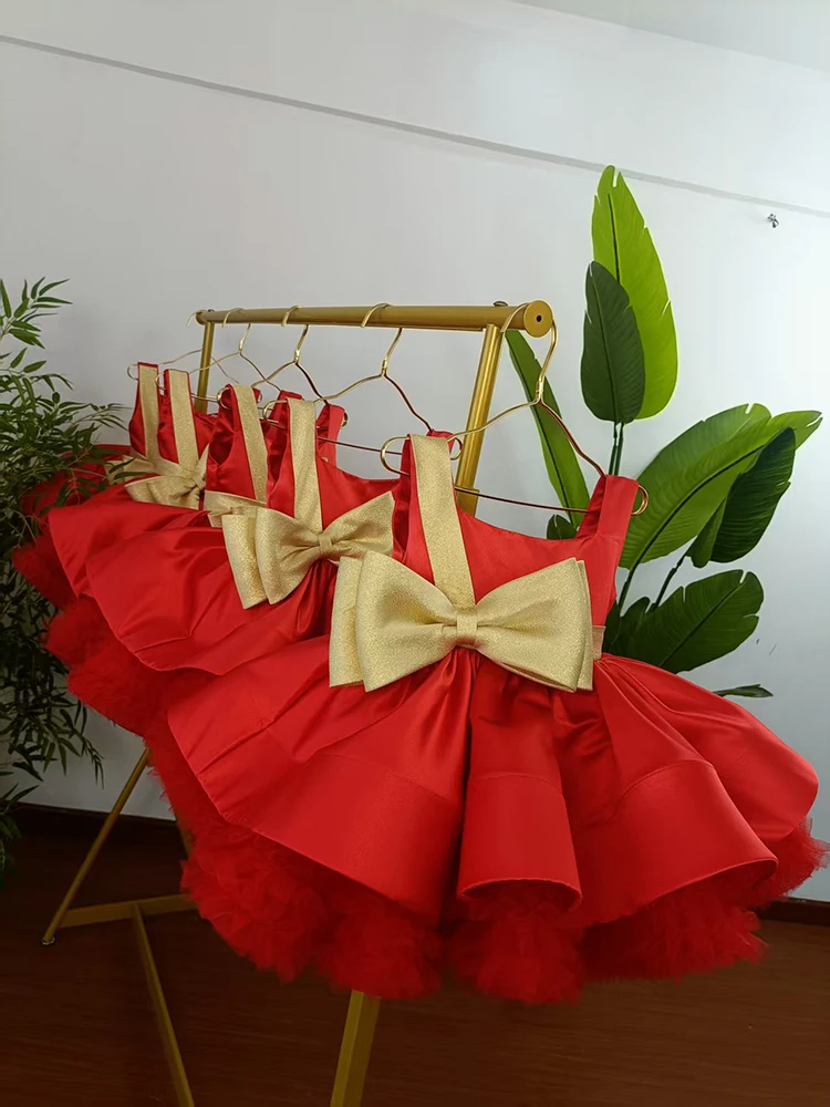 Girls Princess Dress Kids Dress Red Dress Big Bow Elegant Mesh Birthday Celebration New Year Festive Clothes Kids Clothes