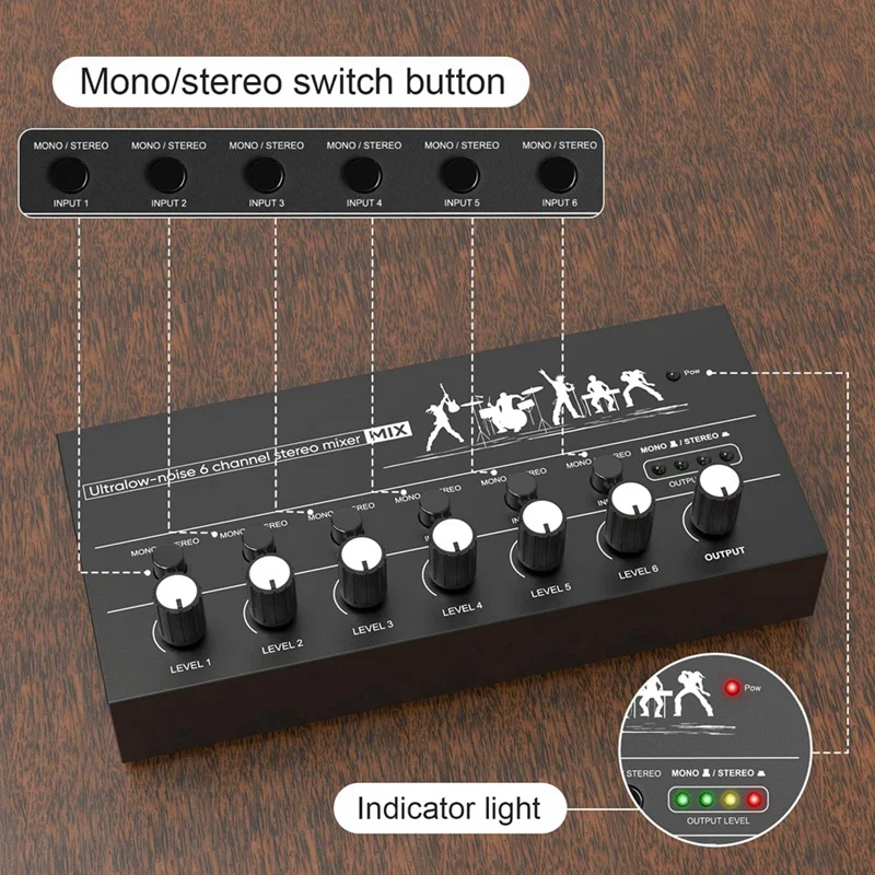 Mini Stereo Audio Mixer 6 Channel Microphone Mixer Instrument Expander For Guitar/Electric Keyboard/Amplifier/Speaker