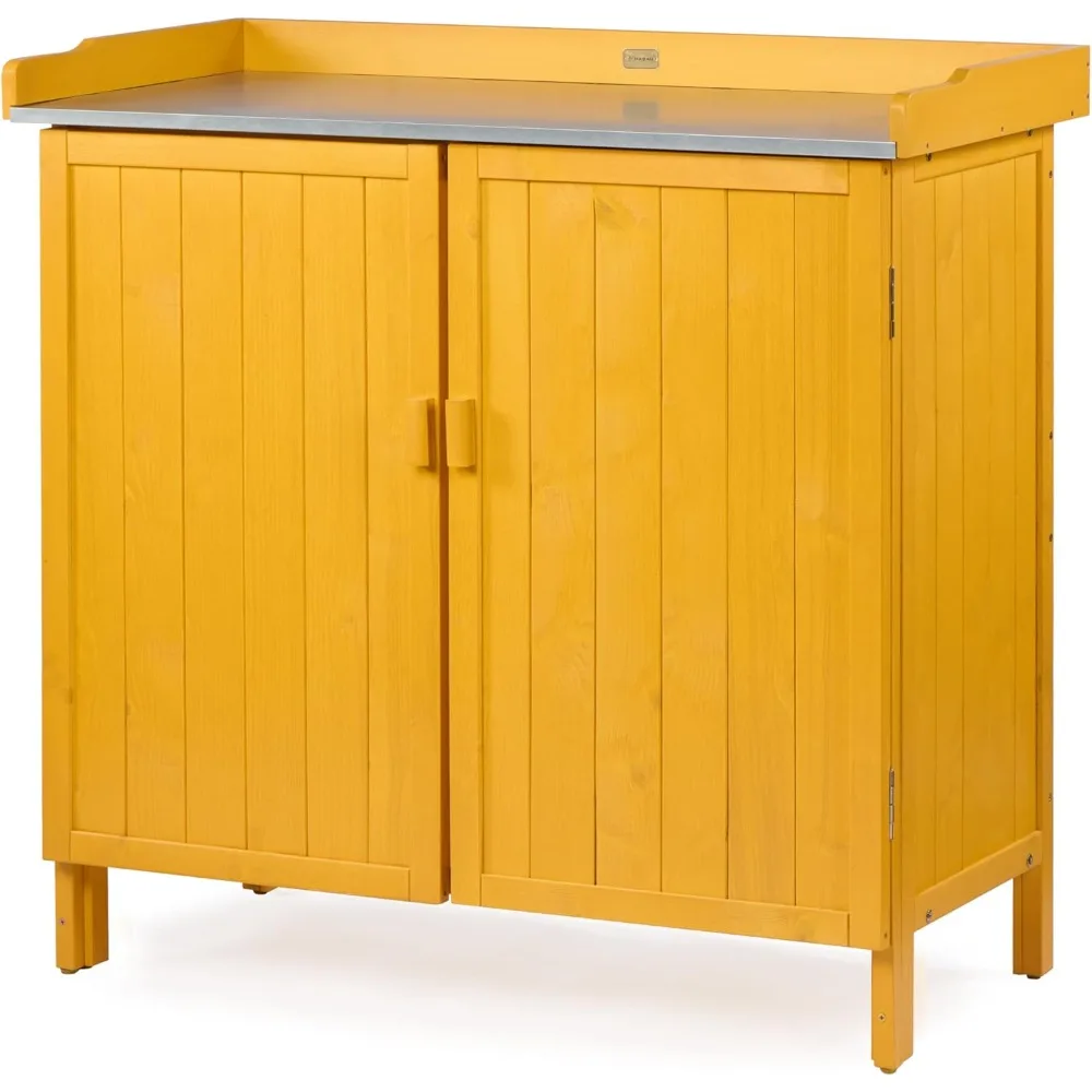 

Outdoor Storage Cabinet with Potting Bench & Metal Tabletop, Wooden Planting Workstation for Garden Patio, Weatherproof