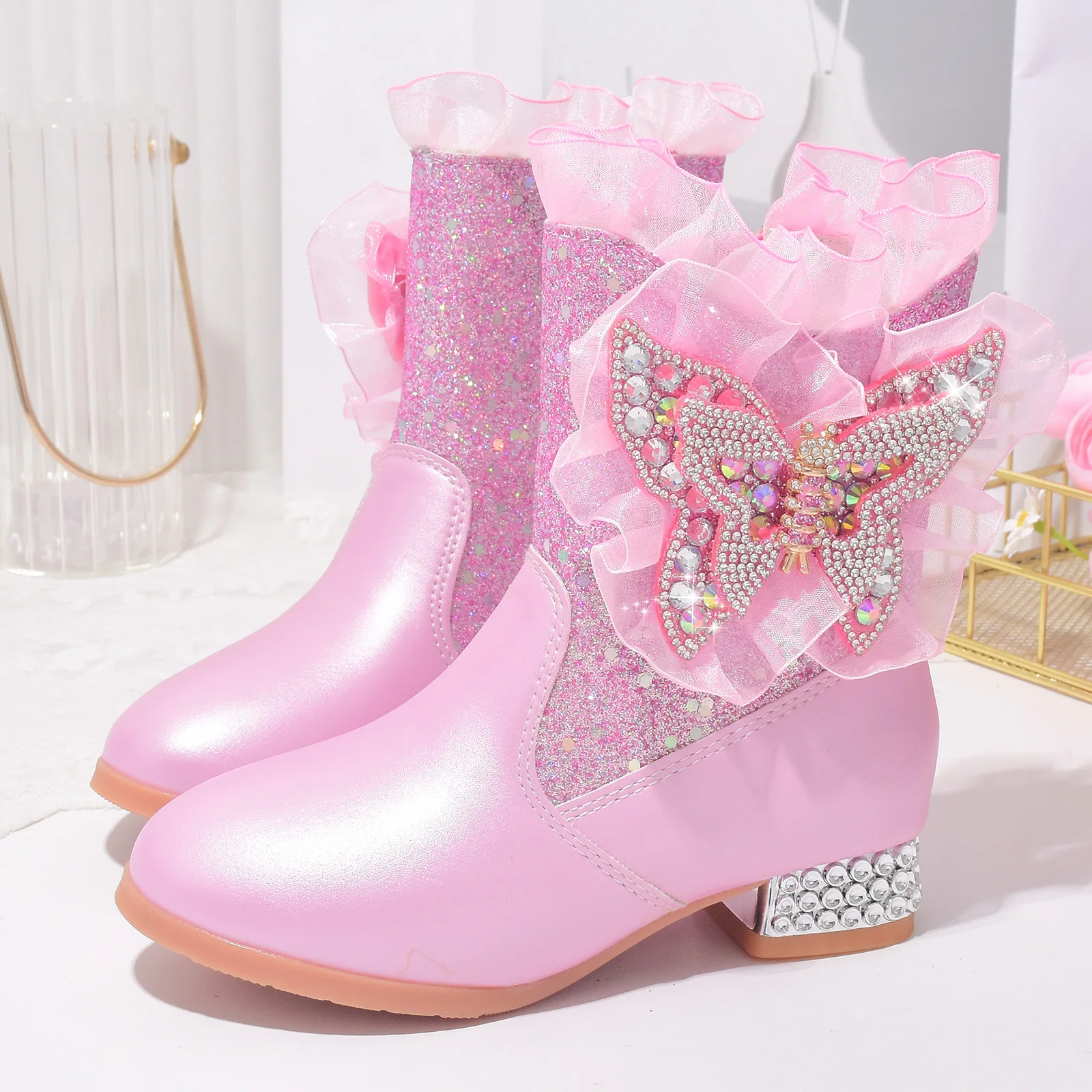 

Ботильоны на высоком каблуке для девочек, детские ботильоны принцессы с жемчужным бантом для танцевальной вечеринки, осенне-зимние теплые детские зимние сапоги на толстом каблуке