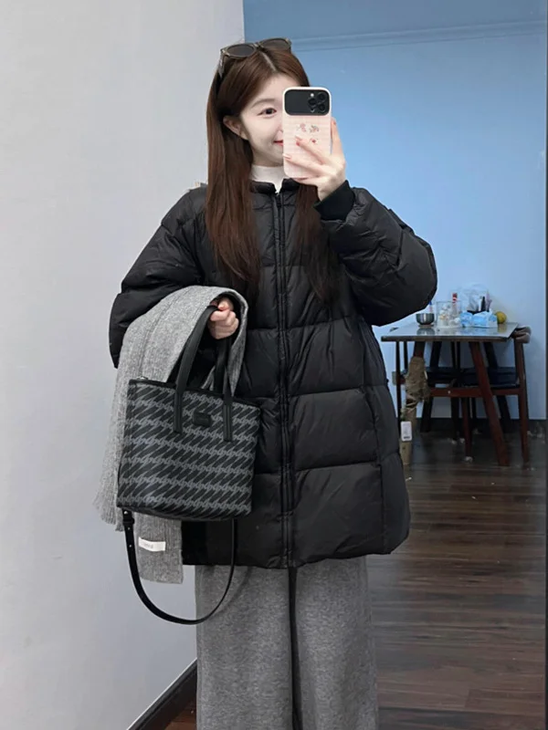 

High Quality Fashionable round Neck Black Warm Cotton Jacket 2025 Winter New Style Mid-Length Versatile Cotton Coat