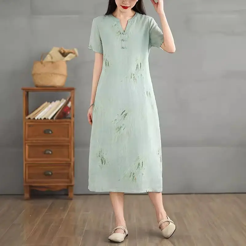 Cotton And Linen Printed Retro Style Dress 2024 Women's Summer Loose V-Neck Qipao Women's Mid Length Fashionable Clothes K1791