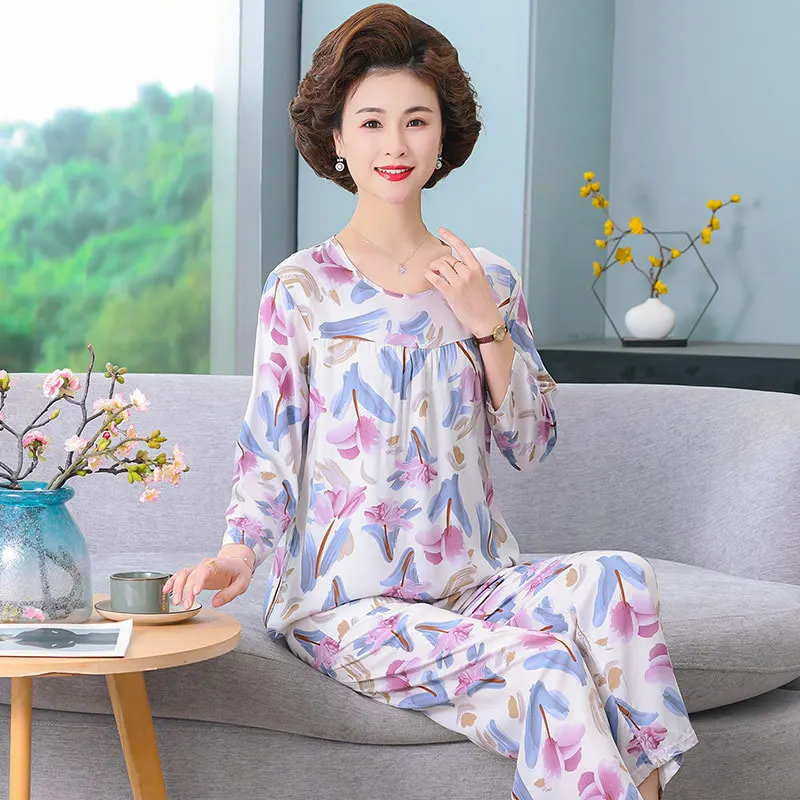 Plus Size Homewear Women Pajama Set Long Sleeve Top Pants Sets Print 2 Pieces Sleepwear Middle Aged Mother Nightwear Pijama 5XL