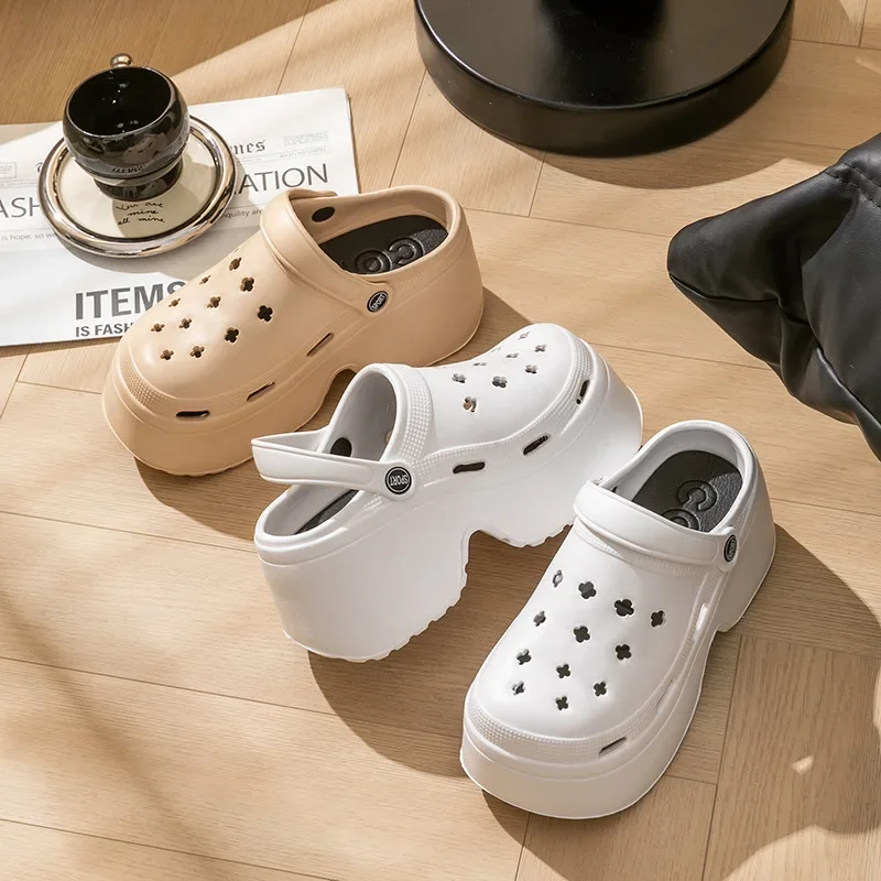 Women's 9CM Thick Sandals Shoes Summer Slippers High Heel Soft Sole Beach Garden Shoes Outdoor Waterproof Women's Hole Shoes