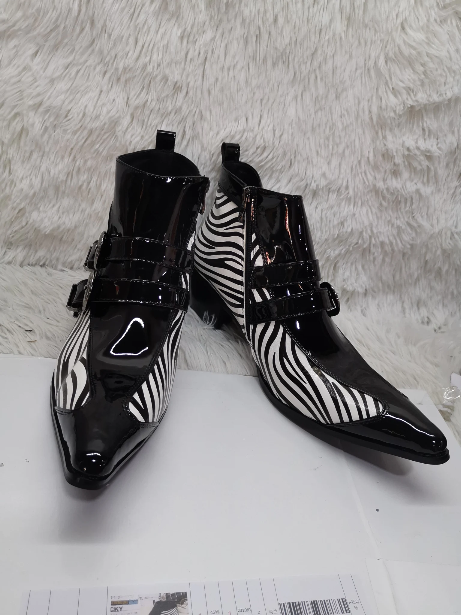 Zebra Print Belt Buckle Men's Ankle Boots High Heels Patent Leather Shoes for Men Pointed Toe Casual Business Work Safety Boots