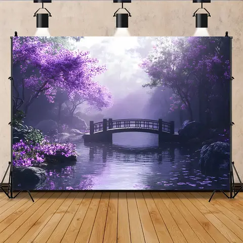 Blooming purple flowers and rustic bridge tapestry-a peaceful landscape wall hanging for bedroom living room decoration