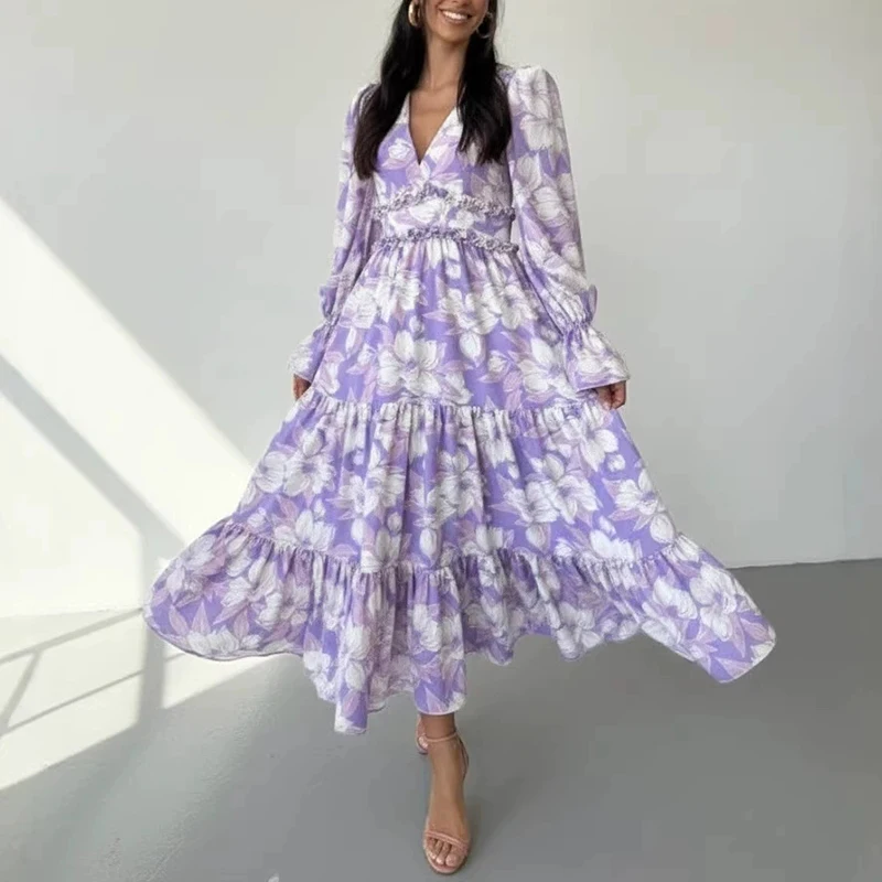 

Новое женское платье весна-лето: повседневное, с V-образным вырезом, длинным рукавом, цветочным принтом, элегантное, с завышенной талией, плиссированное, в стиле бохо, для отпуска