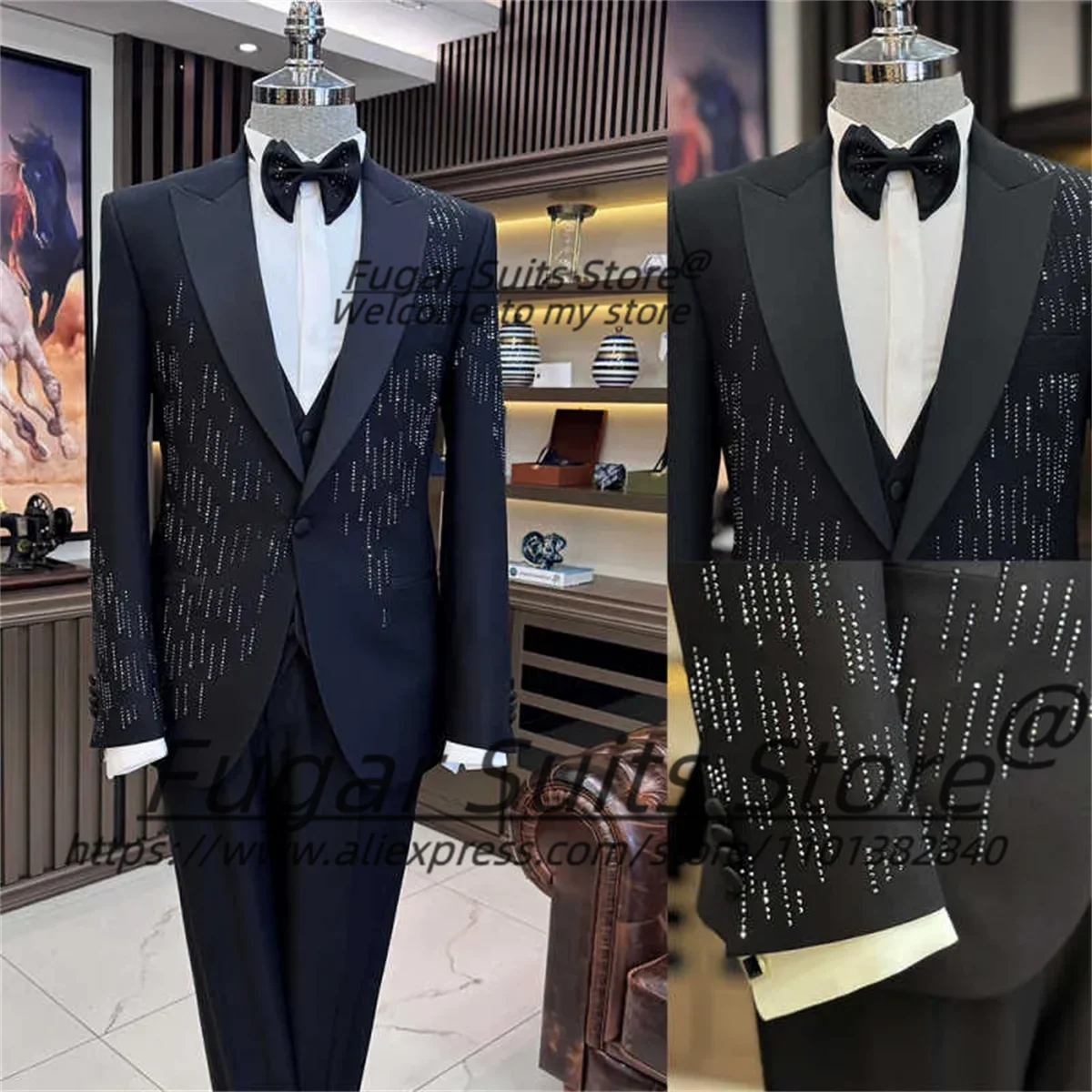 

Luxuly Shiny Beaded Groom Wedding Tuxedos Handsome Slim Fit Peaked Lapel Men Suits Customized 2Pieces Sets Elegant Costume Homme