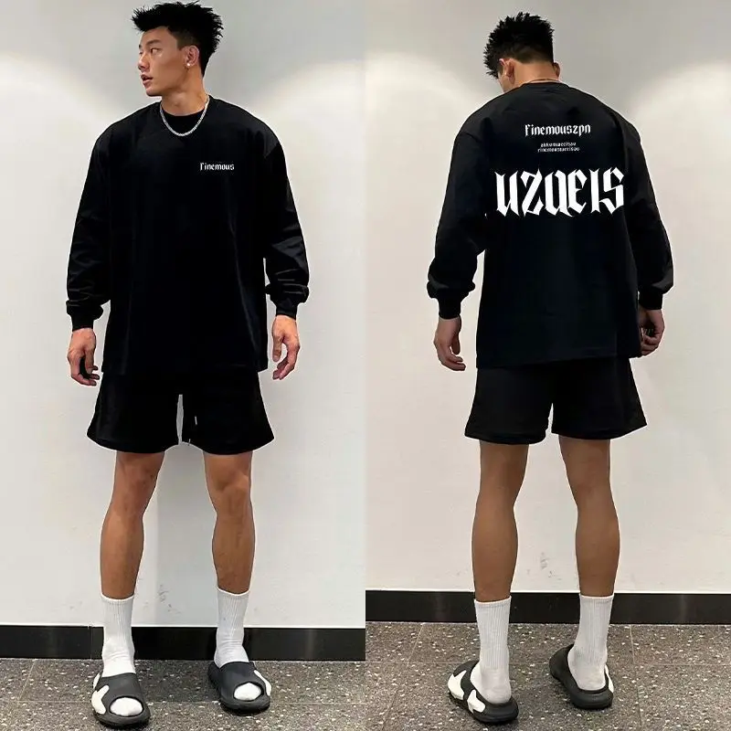 

350g Heavy-duty Pure Cotton American Style Design Letter Printed Long Sleeved T-shirt for Men in Versatile Loose on High Streets
