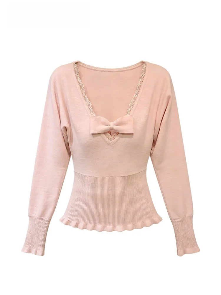 

plus Size Knitted Long Sve Women's Top Knot V-Ne Lace Casual Sle Autumn Winter plus Size Faion Polyester