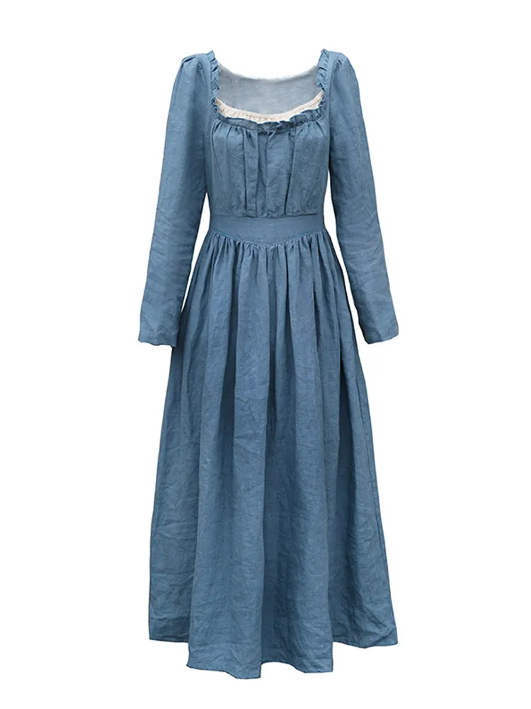 TIYIHAILEY Spring Autumn Linen Women Blue Dress Full Sleeve Long Mid-Calf Ladies S-XL Vintage High Waist 2026 Square Collar