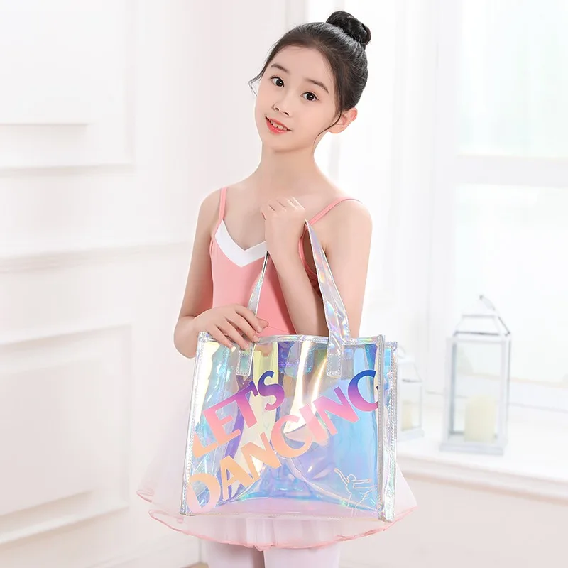 Cute Ballet Dance Bag Personalized Ballerina Laser Print Jelly Tote Handbag for Gym School Girls Big Capacity Costume Accessory