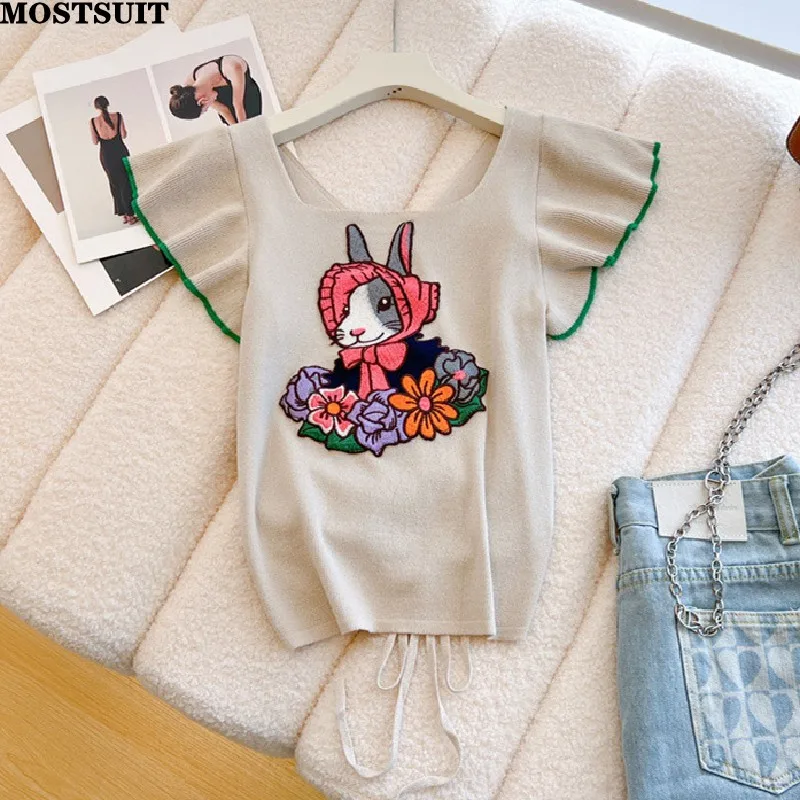 Rabbit Embroidered Thin Slim Knit Sweater Tshirt Women Summer Square Collar Short Sleeve Tops Knitwear Vintage Fashion Pullovers