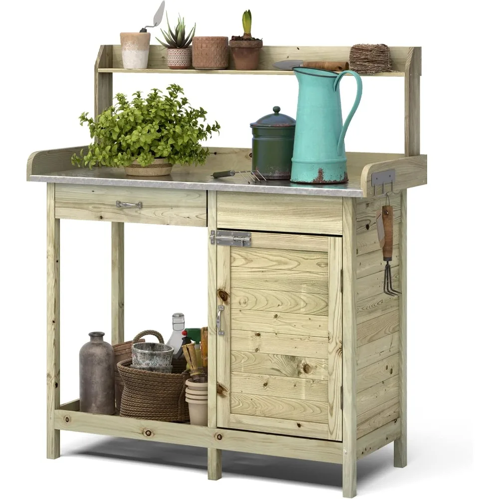 Wooden Potting Bench Tables, Fir Work Station Table Outdoor Garden Potting Table with Cabinet, Hook, Storage Bottom Shelf