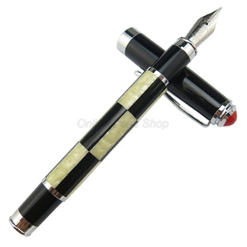 

Fuliwen Black And White Checked Barrel Celluloid 0.7mm Medium Nib Fountain Pen Professional Stationery Writing Tool Gift