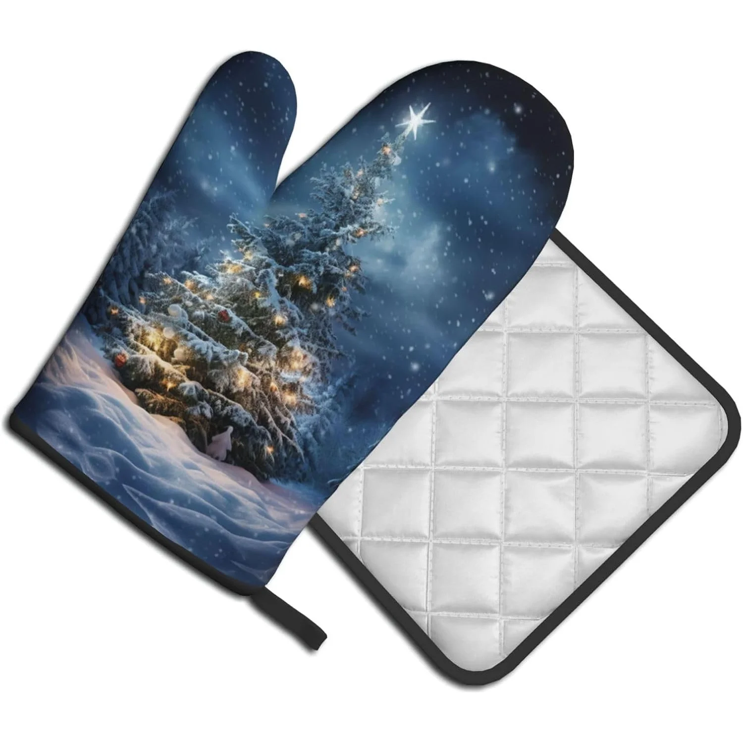 Festive Christmas Tree Snowflake Oven Gloves - Durable Polyester, Hand Wash Only, Ideal for Baking Grilling Cooking