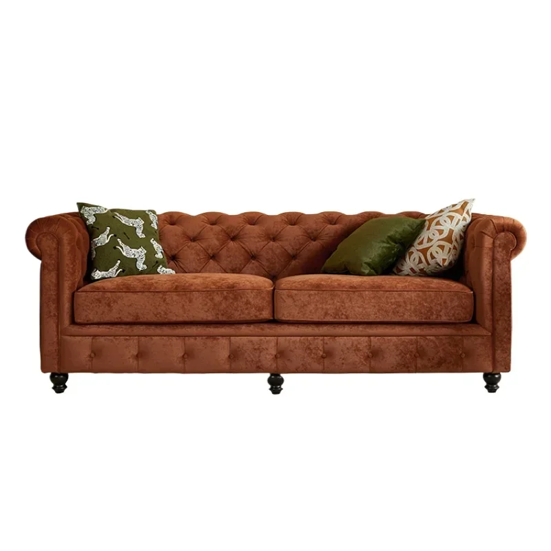 

1 American retro velvet solid wood fabric sofa living room small apartment buckle three people straight row