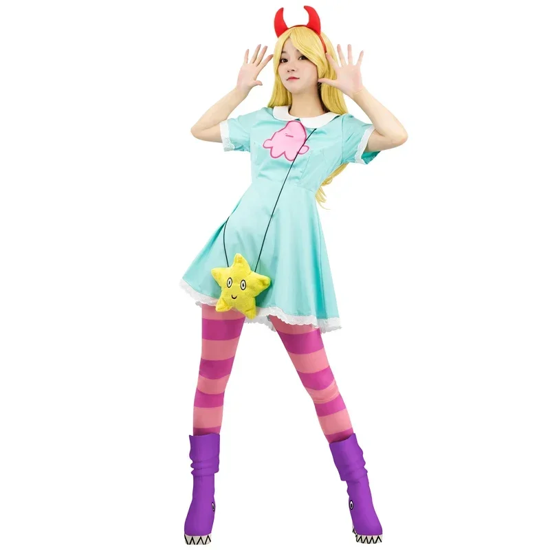 Womens Star Cosplay Costume Outfit Horn and Bag Princess Star Adult Women Girl Lolita Dress Cosplay Costume with Star Bag