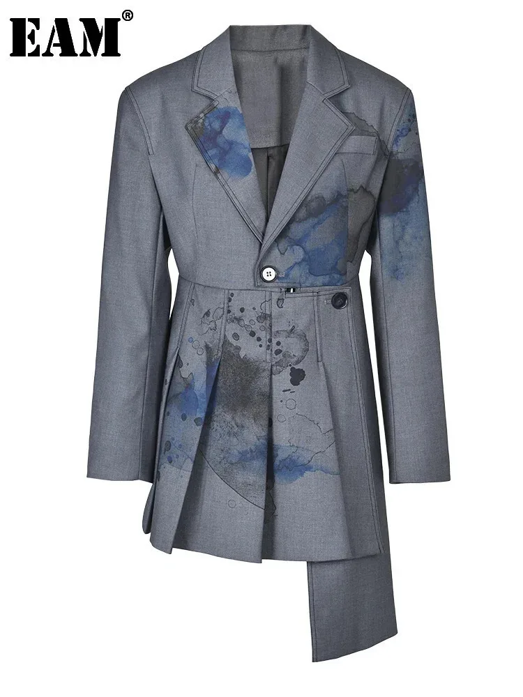 

[EAM] Women Gray Printed Irregular Pleated Blazer New Lapel Long Sleeve Loose Fit Jacket Fashion Tide Spring Autumn 2024 1N11902