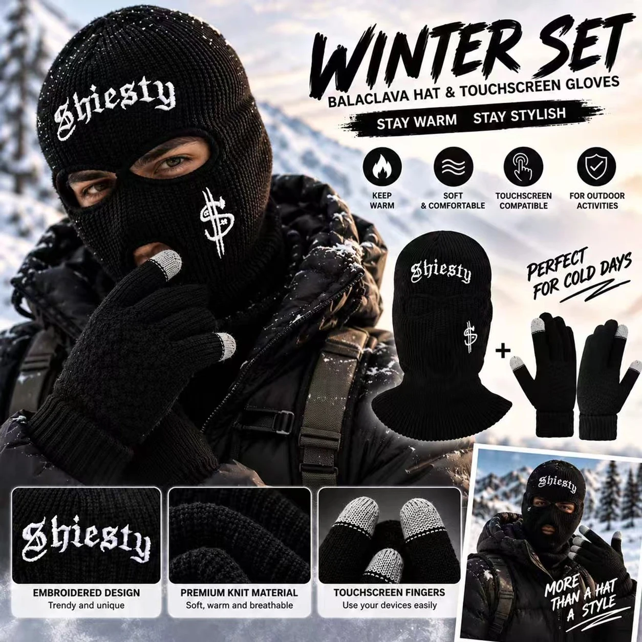 [Winter Warmth Set]2pcs Knit Hat and Gloves Set, Knit Ski Mask and Gloves, Winter Warm Balaclava Face Cover, Soft Full Face Mask