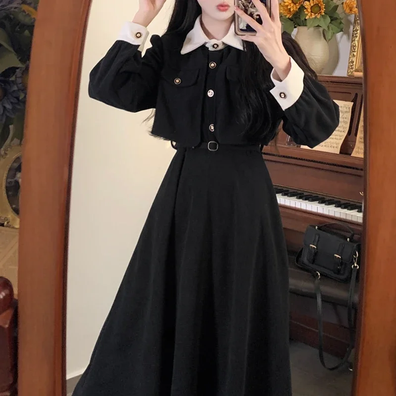우아한 긴 소매 가짜 투피스 드레스 2025 드레스 대형 가을 슬리밍 롱 드레스 햅번 리틀 블랙 dds2d