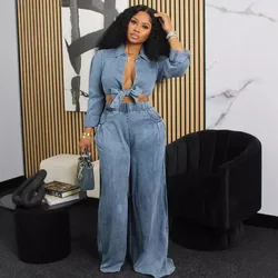 Streetwear Loose Fit Matching Set Outfits for Women Two Piece Set Club Party Lace-up Shirt Top and Wide Leg Pants Set Elegance