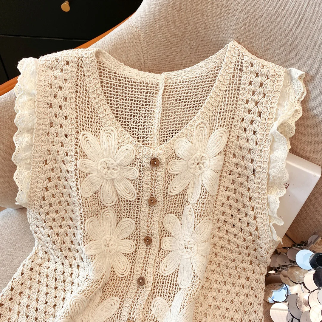 Doux jeune été Hong Kong Sle tricoté évider fleur Svel rond Ne gilet débardeur femmes ort Nylon mélange