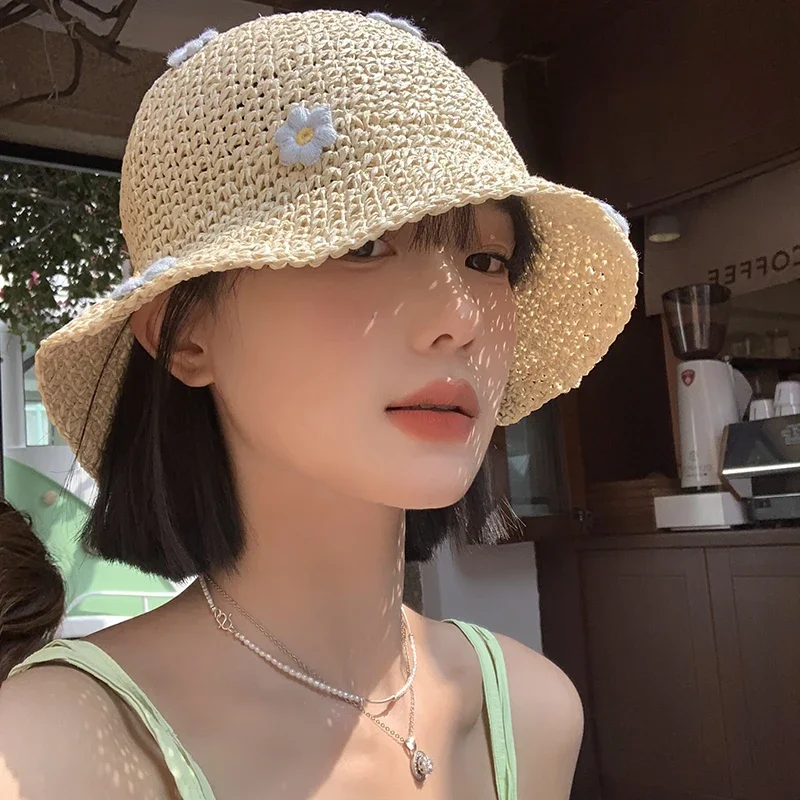 Women Summer Sun Hat Straw Crochet Bucket Hat Women\'s Foldable Panama Cap UV Sun Cap Boho Flowers Outdoor Vacation Sunscreen