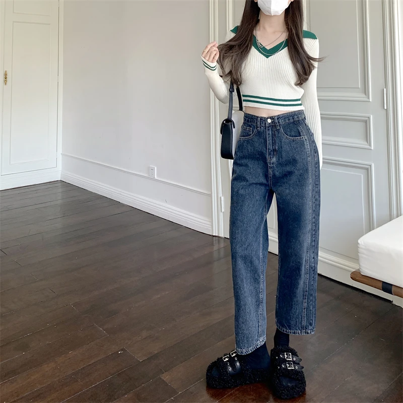 

Women 2024 Spring Autumn Retro Solid Color Loose Jeans Female High Waist Harem Pants Ladies Casual Ankle-length Trousers S756