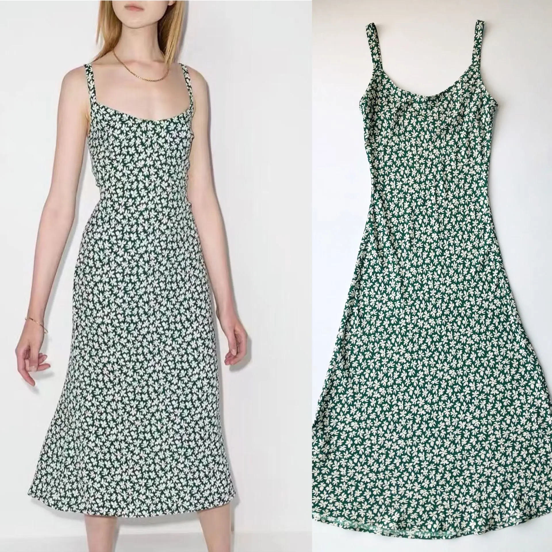 French Niche Ref · Summer Floral, Cool Sleeveless Vest Dress Green Bottom Floral Medium and Long Suspender Dress