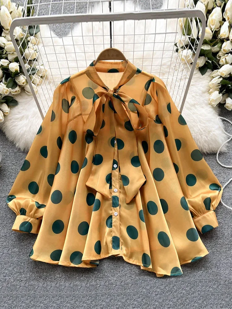 Women's Spring Summer New All-match Chiffon Shirt Bow Tie Long-sleeved Polka Dot Western-style Top Blouse D999