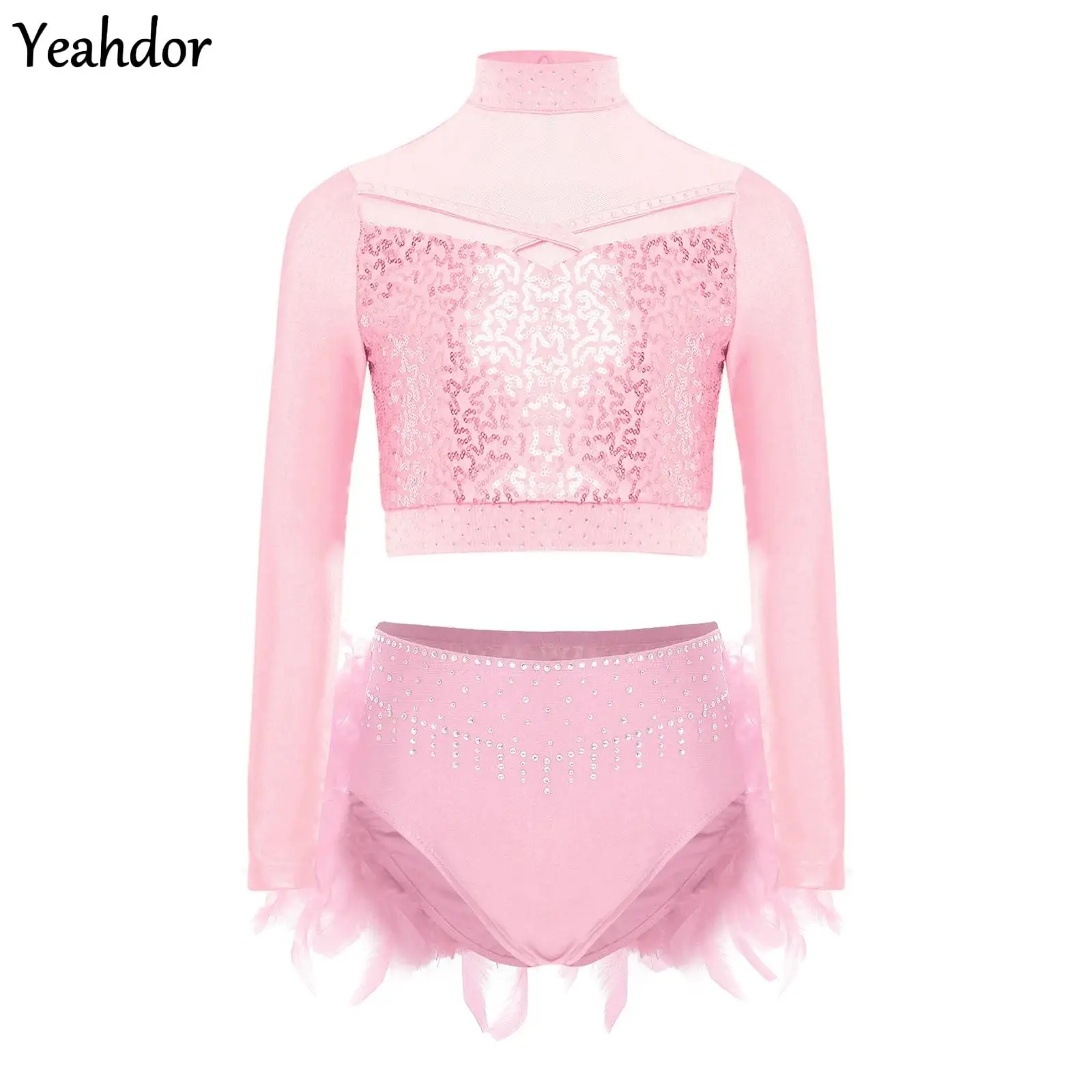 

Kids Girls Ballet Dance Outfits Rhinestones Long Sleeve Mesh Sequin Crop Top with Feather Skirted Bottoms Jazz Skating Costumes