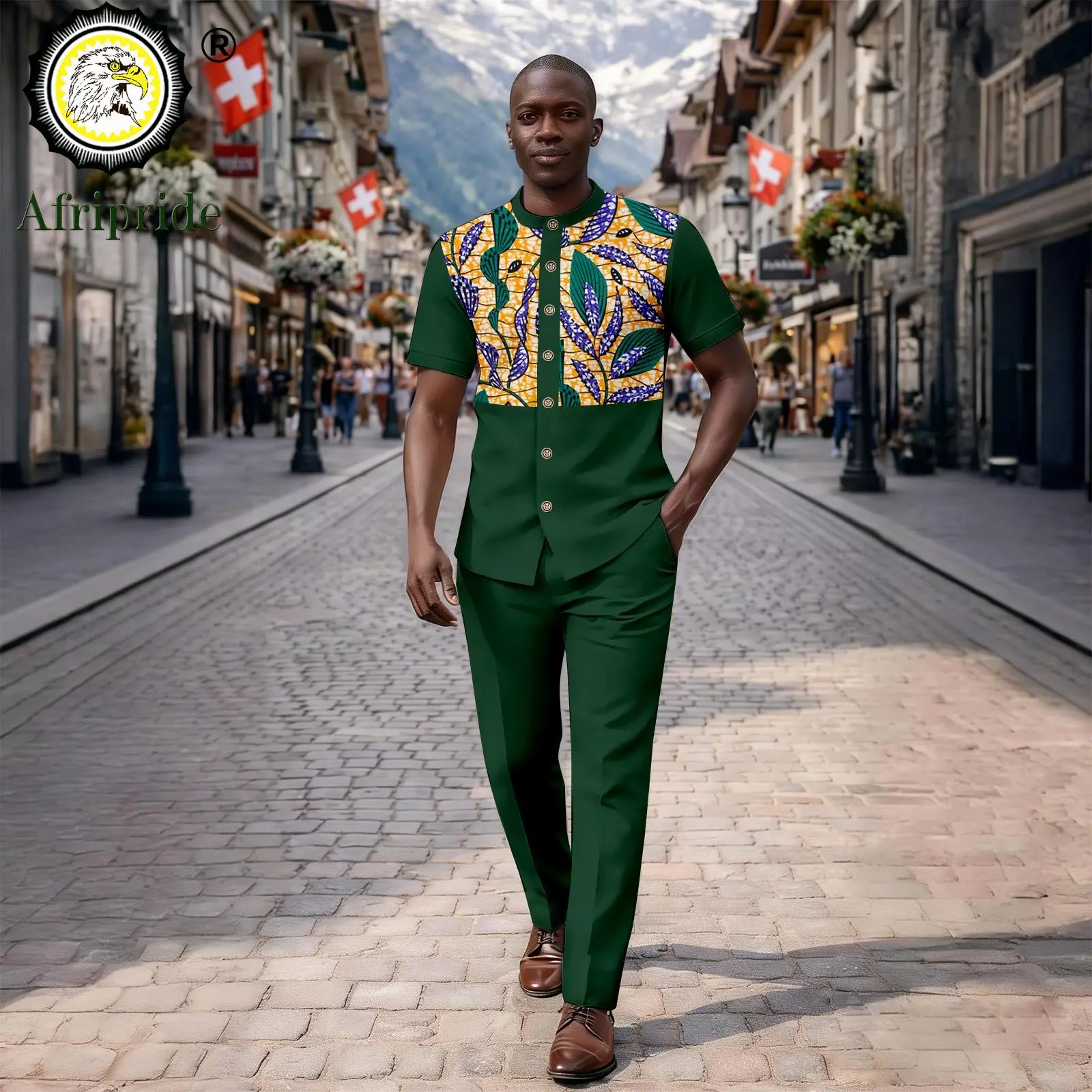 

African Suits for Men Scoop Neck Short Sleeve Applique Shirts and Pants 2 Piece Set Dashiki Outfits Print Tracksuit 2616074