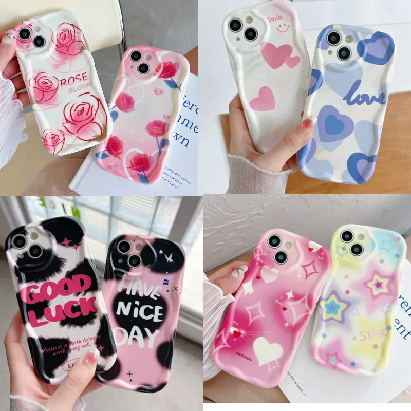 Love Heart Case for Realme C55 C67 C35 C33 C21Y C25Y C30S C21 C20 C15 10 6 7 Pro 7i 8 12 Pro Plus 5G Cream Wave Curly Soft Cover